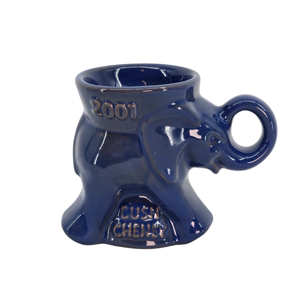 Frankoma Pottery 2001 GOP Elephant Mug Bush Cheney Navy Blue Ceramic Collectible